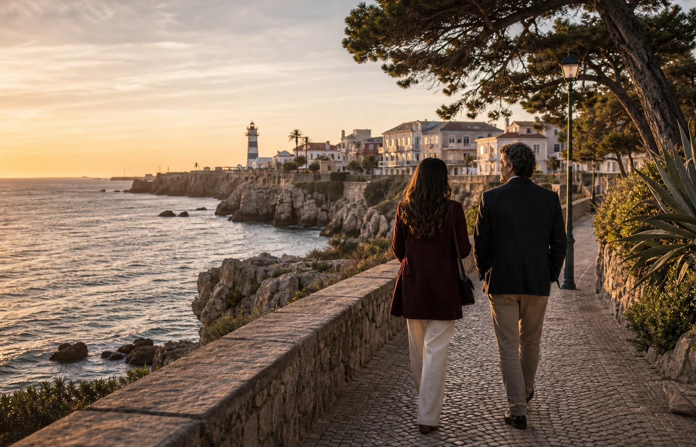 Costa de Cascais ao final da tarde com ambiente elegante