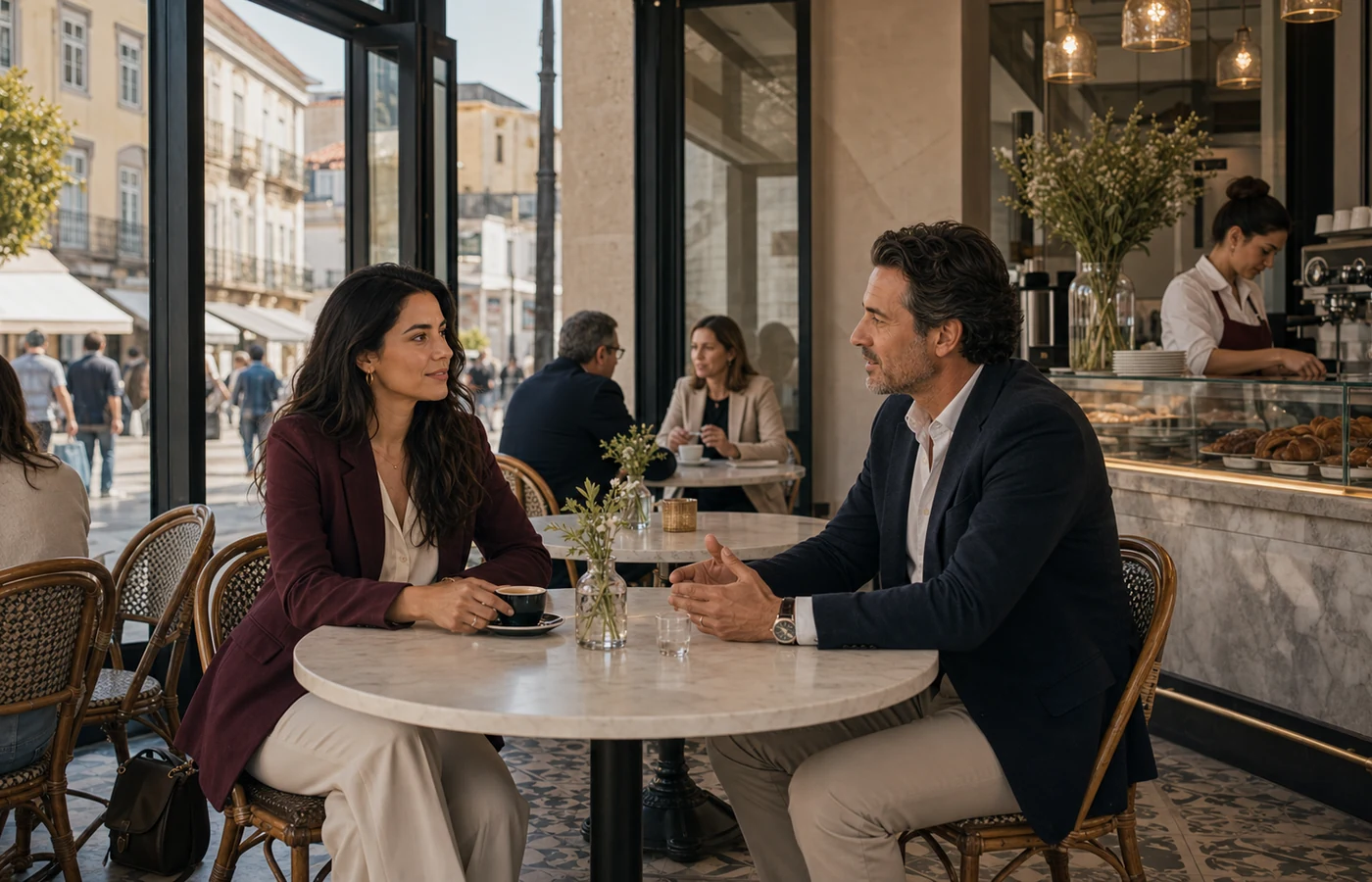Primeiro encontro entre dois adultos num café português sofisticado