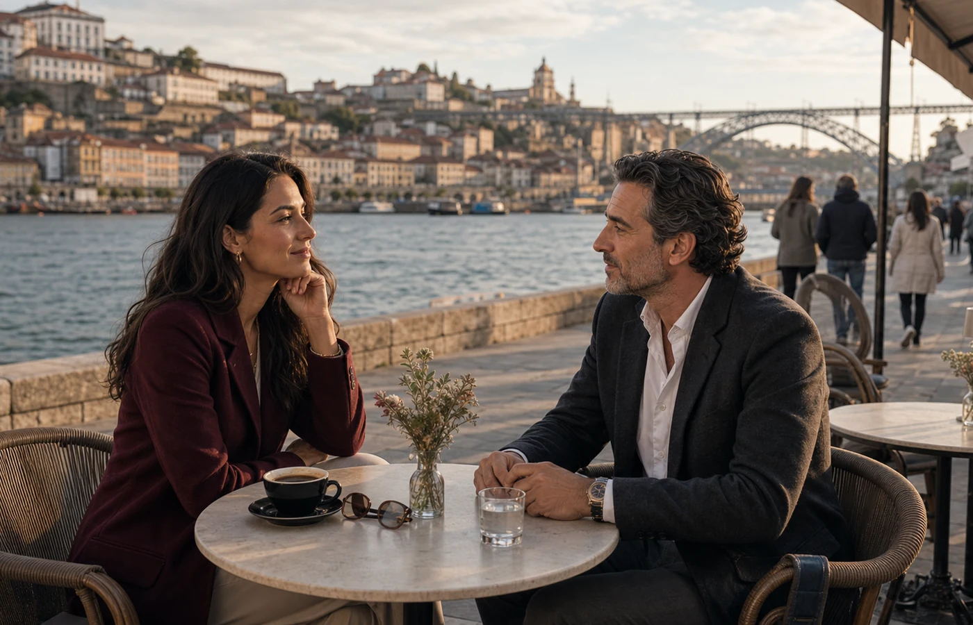 Casal adulto num encontro elegante junto ao rio Douro