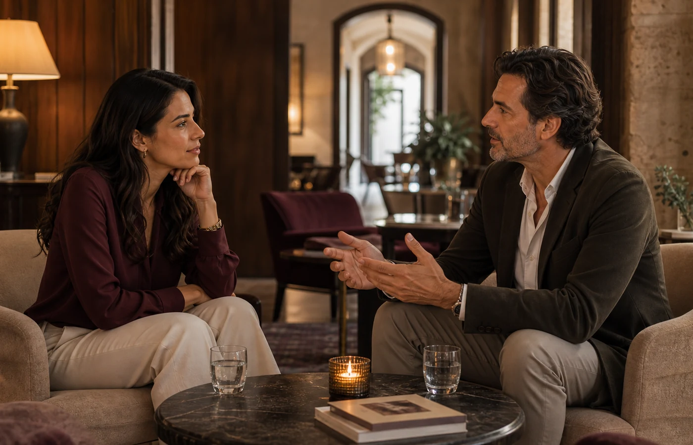 Casal adulto numa conversa tranquila num hotel português