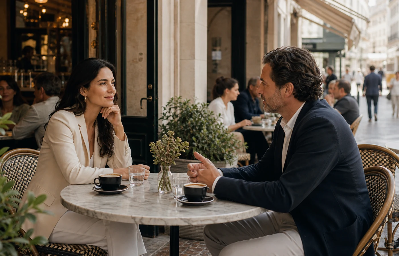 Dois adultos num primeiro encontro em café público movimentado