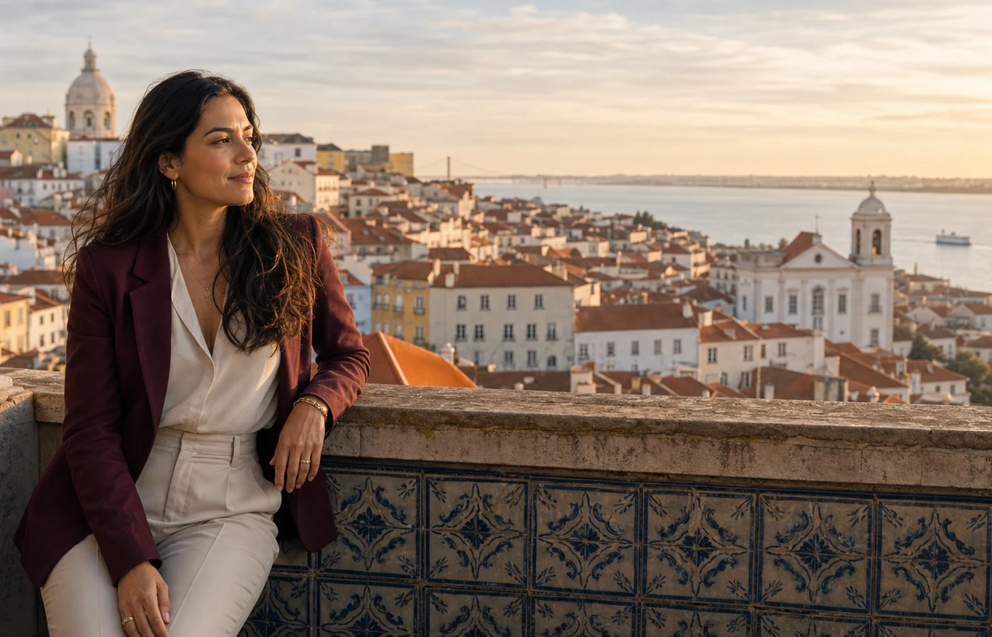 Mulher adulta elegante num terraço com vista sobre Lisboa