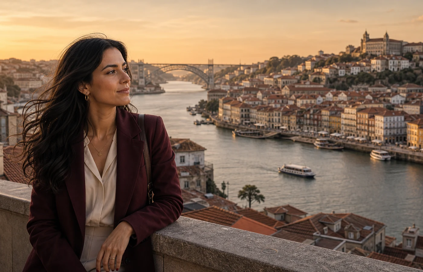 Mulher adulta num terraço elegante com vista para o Douro